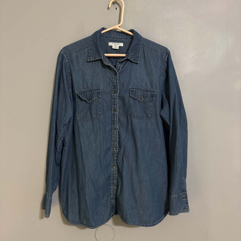 Liz Claiborne 2X Denim Button-Up Shirt Organic Cotton Lightweight Chambray